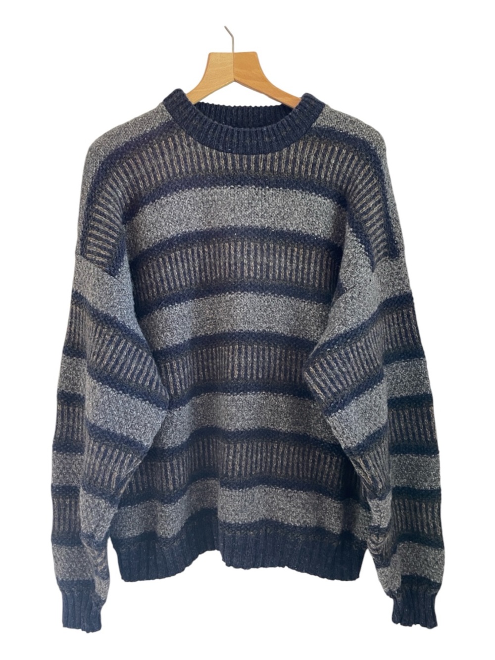 Eddie Bauer Vintage Gray & Navy Stripe Crew Neck Thick Wool Blend Sweater XL
